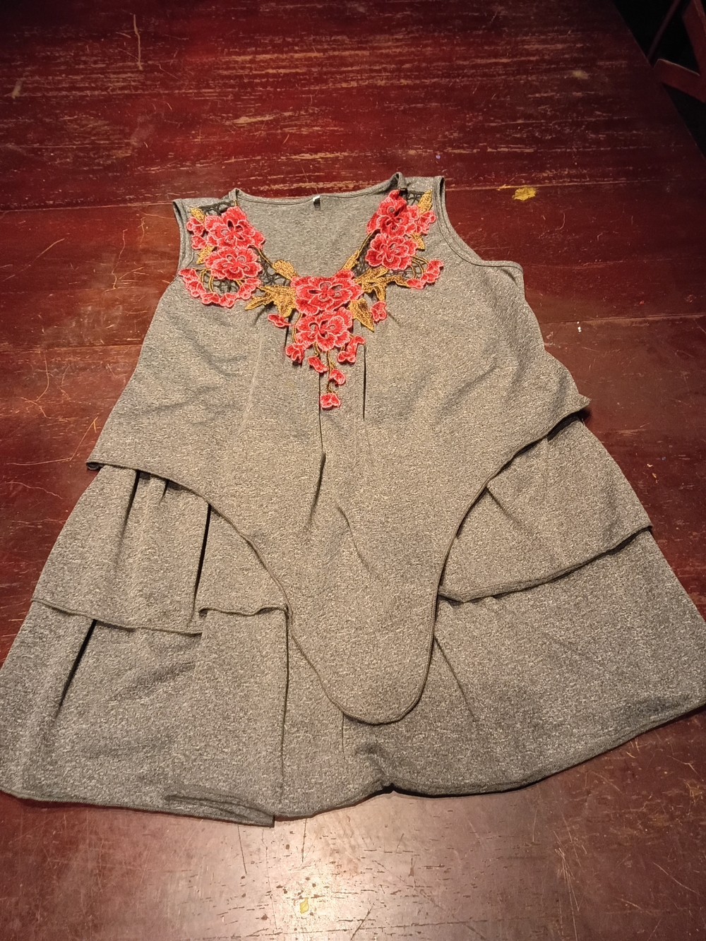 Girls' Gray Layered Blouse with Pink Floral Applique